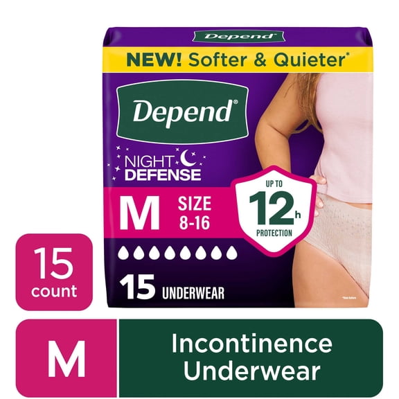 Depend Night Defense Incontinence Underwear for Women, Adult Diapers, M, 15 Count