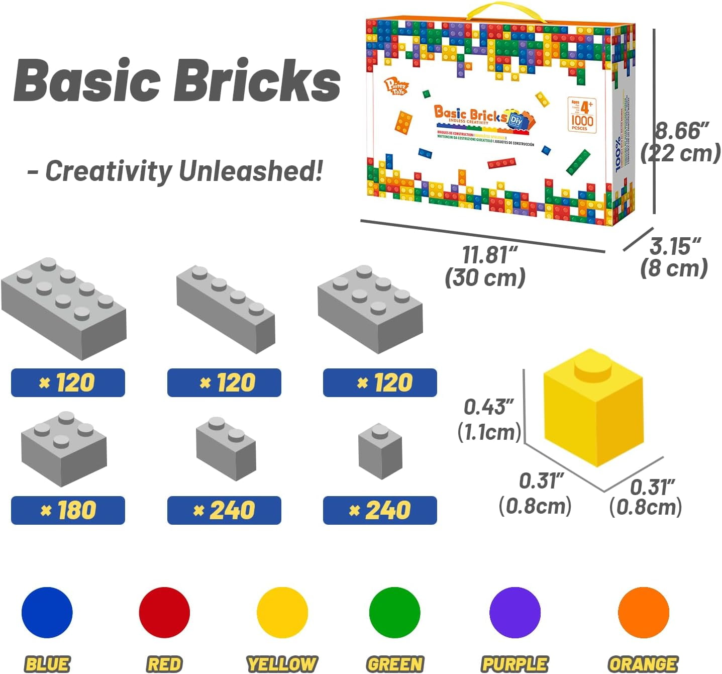 Pairez Toys Building Bricks, 1000 PCS Building Blocks in Rainbow Color, Toys for Kids Ages 4 5 6 7 8+