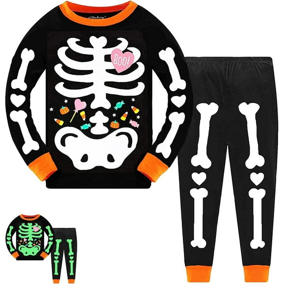 FEDPOP Toddler Halloween Pajamas Kids Skeleton Glow in the Dark Sleepwear Pjs Set 4T