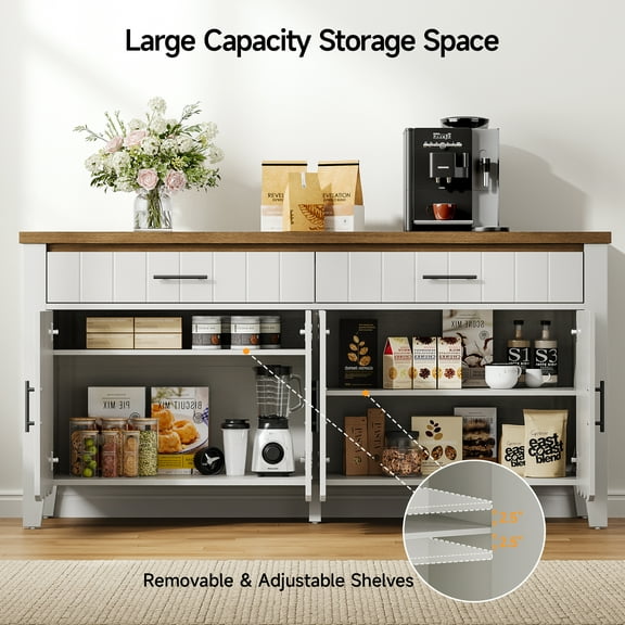 Onbrill Buffet Cabinet with Drawers, 63" Large Sideboard Buffet Storage Cabinet with Shelves and Doors, Modern Farmhouse Coffee Bar Station Wood Kitchen Table for Kitchen, Dining Room, White
