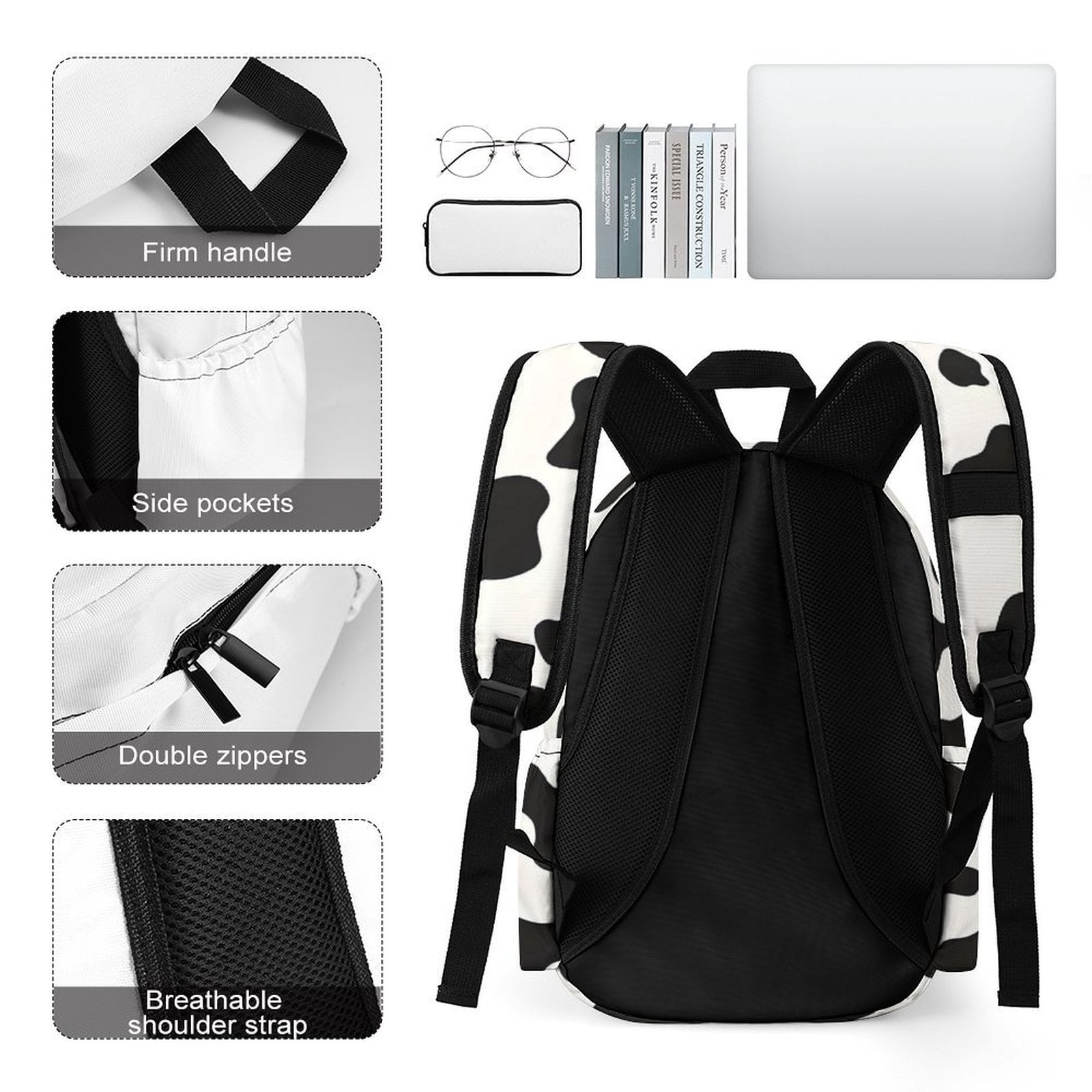 Large Capacity Half Print Backpack 11.8×16.5×5.9in Multifunctional Zipper Design Convenient Switch Simple Cow Print Pattern, Vector Art Style_1
