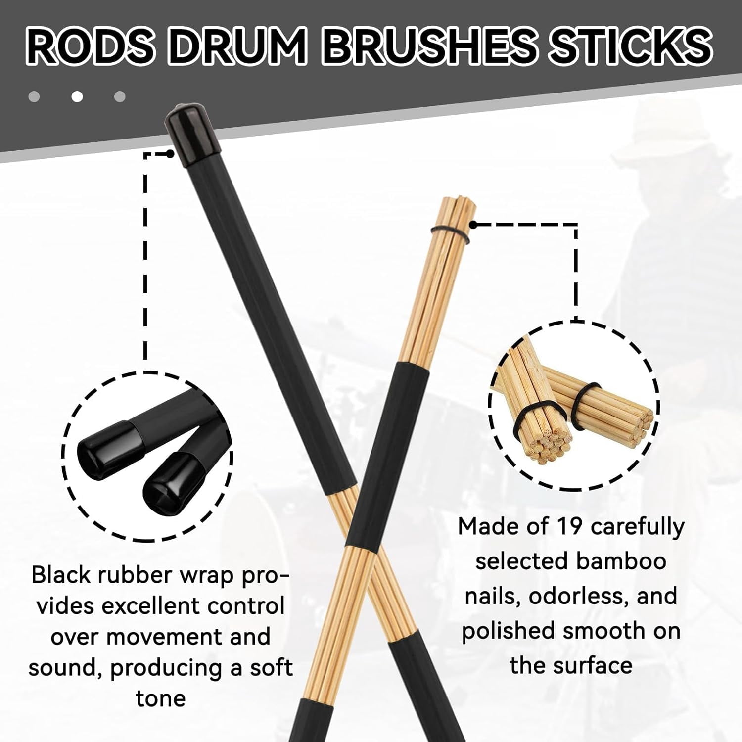 ABCISI 3Pairs Wood Brush Drum Sticks, 16inch 19 Bundle Rods Drumsticks Drum Brushes Sticks Rod Drumsticks Music Instrument Accessory for Jazz, Folk, Small Venue and Acoustic Performance (Black)