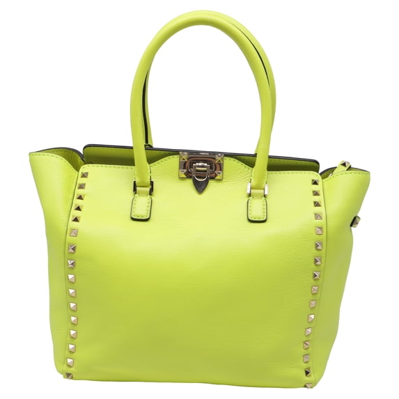 Pre-Owned Valentino Garavani Medium Rockstud Double Handle Tote Bag in Neon Yellow Leather