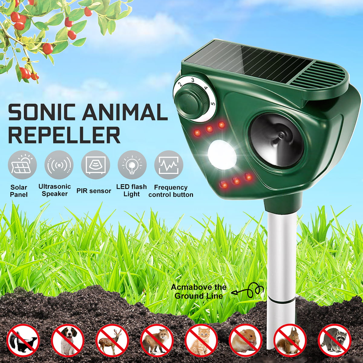 Animal Repeller Pest Repellent Solar Ultrasonic Infrared & Motion Sensor LED 