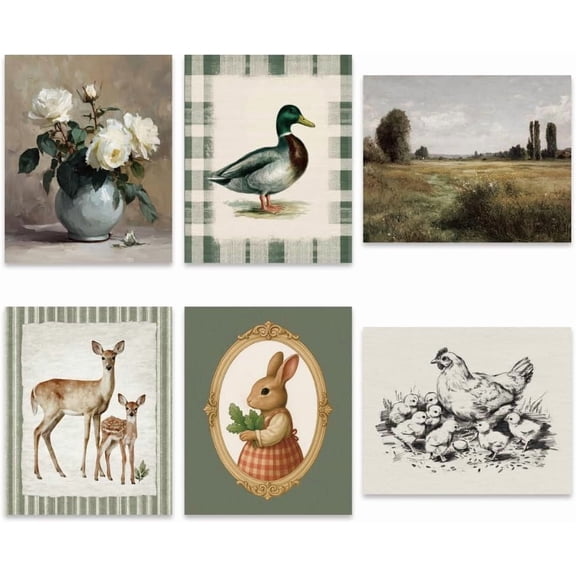 6 Pcs Vintage Nursery Wall Art Prints Baby Girl Boy Room Wall Decor Cartoon Animals Wall Art Farmhouse Painting Nursery Artwork for Bedroom Playroom (8x10 Inch Unframed)