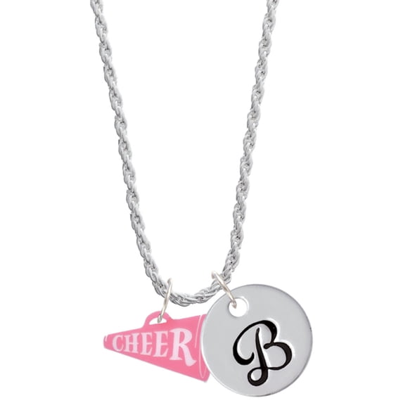 Delight Jewelry Acrylic 3/4" Pink Cheer Megaphone Silvertone Script Initial Disc - B - Charm Necklace, 20"+3"
