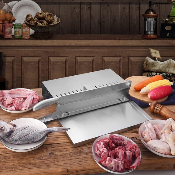 Meat Slicer Bone Cutter 20in, Manual Ribs Chopper for Chicken Fish or Beef, Stainless Steel Frozen Meat Slicer with Food Tray