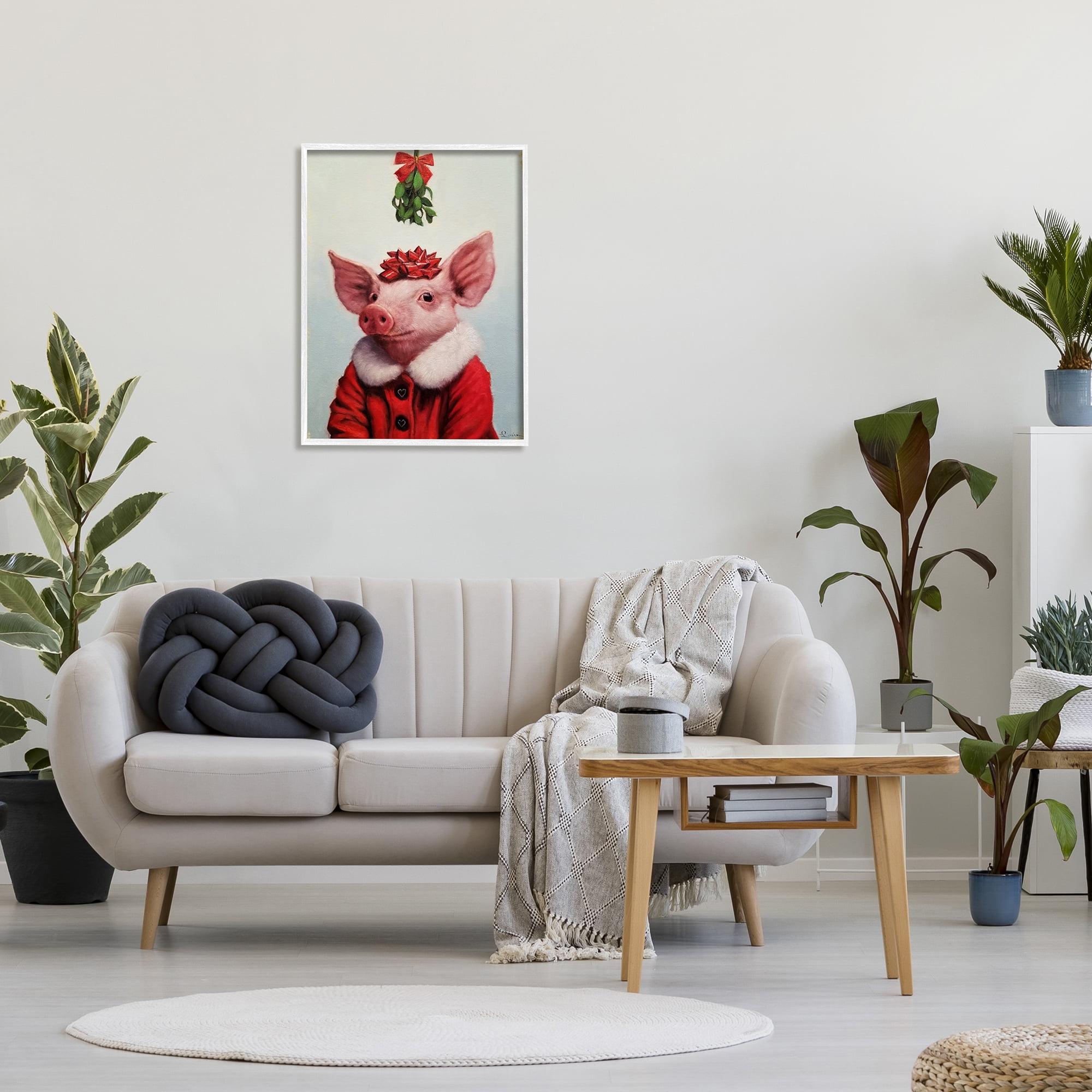 Stupell Industries Christmas Charm Piglet Holiday Mistletoe Santa Jacket Animals & Insects Painting White Framed Art Print Wall Art, 24 x 30