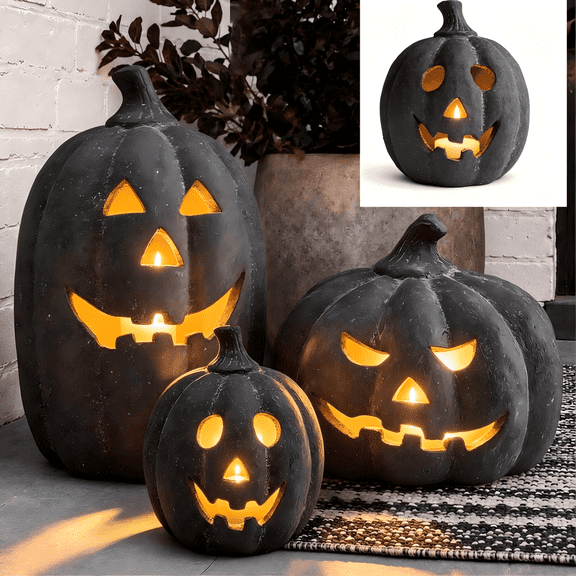 Gray Halloween Pumpkin Light Decoration, Rustic Handmade Resin Jack O Lantern with Flameless Candle, Fall Autumn Home Decor for Table Centerpiece Mantel and Shelf
