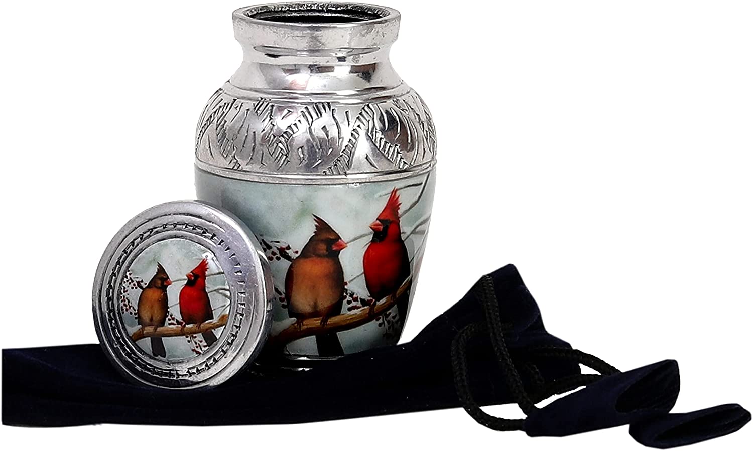 hlc Beautiful Small Lovely Cardinal Couple Bird Keepsake Urn Qnty 1 - Keepsake Urn for Human Ashes with 1 Velvet Box Bag - Peaceful Engraved Mini Memorial Affordable Keepsake Urn (3.5 cu.in)
