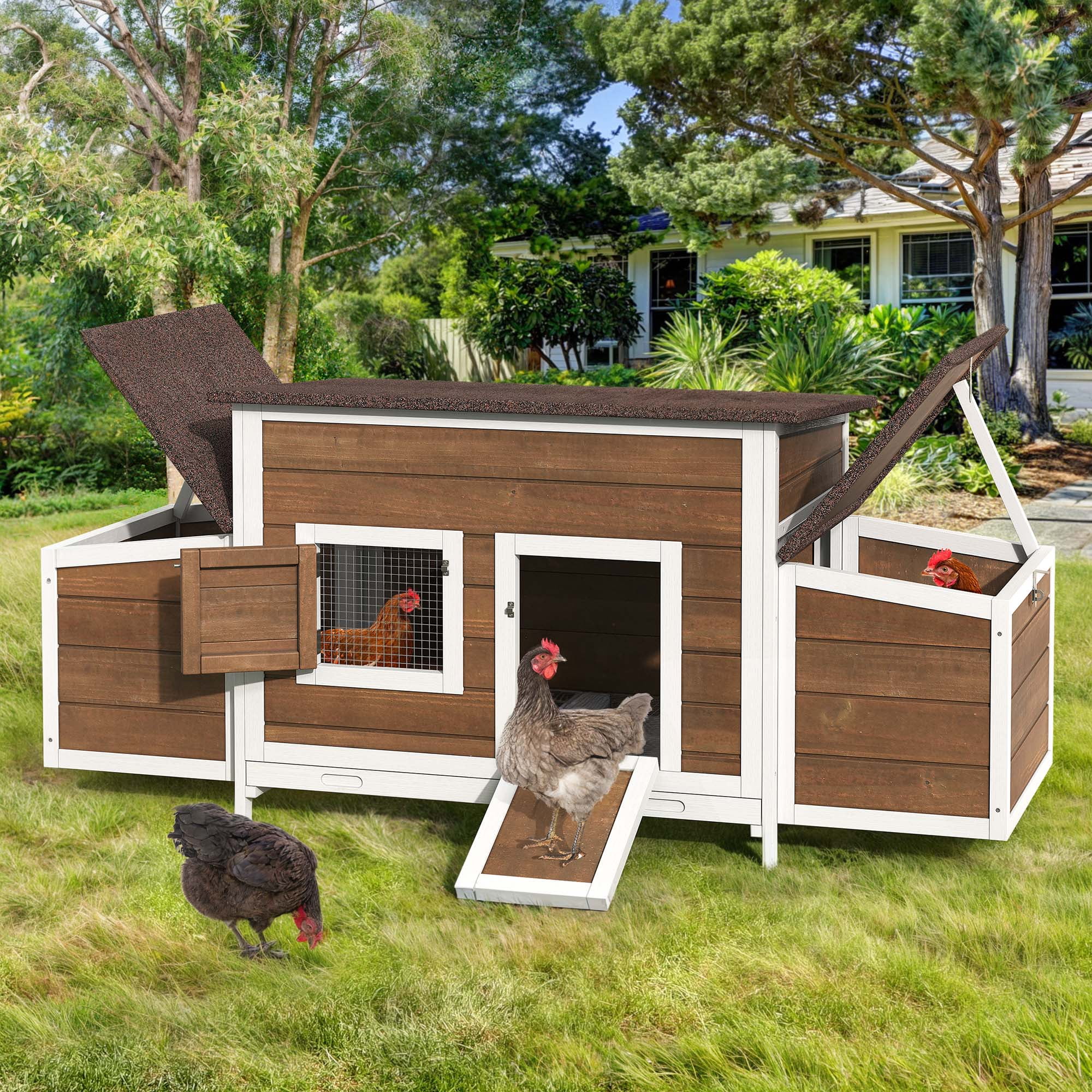 Uforic Large Wood Chicken Coop Hen House 2-4 Chickens with 2 Nesting Box, Outdoor Chicken Hutch Rabbit Hutch Duck Cage - Brown