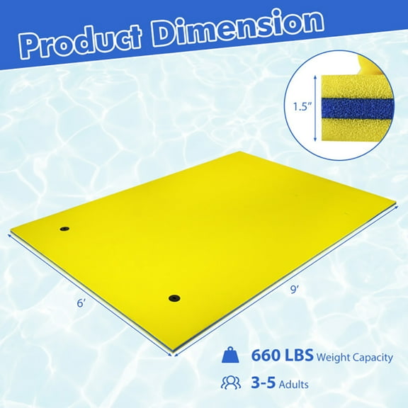 Resenkos Outroad Floating Water Pad Mat, Floating Island Pad,9' x 6' 3 Layer Floating Water Pad Foam Mat -Yellow