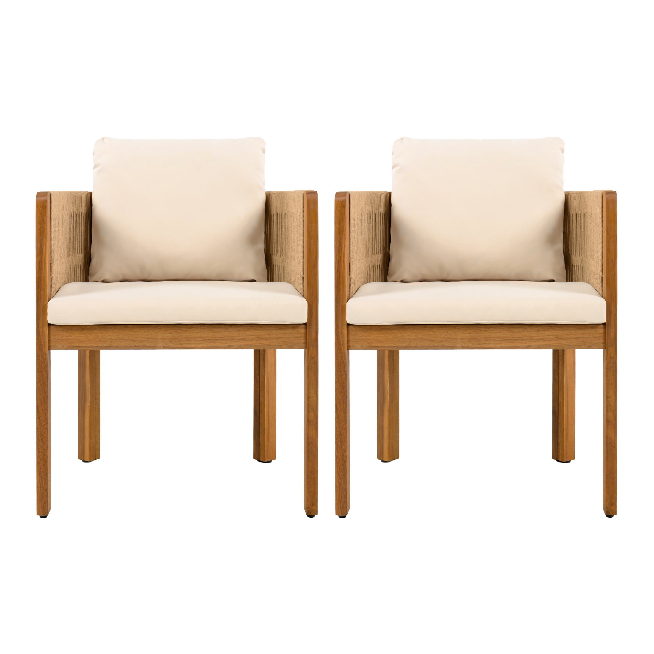 Christopher Knight Home Outdoor Wood Dining Chairs with Rope-Wrapped Arms, Teak+Beige, Set of 2