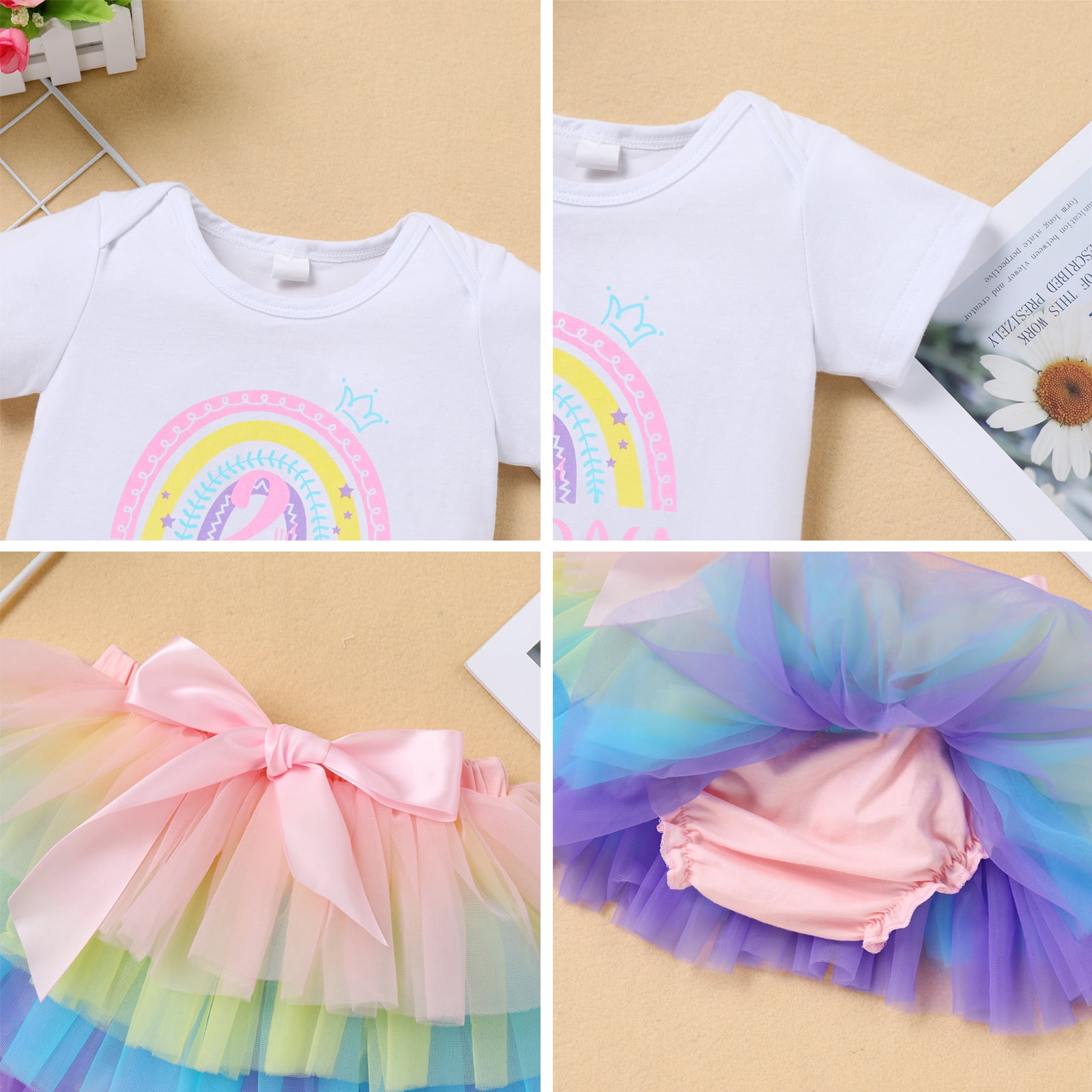 FYMNSI Baby Girls Birthday Outfit Cake Smash Outfit Romper Ruffle Tulle Tutu Skirt with Headband Clothes Set 2T 2nd Rainbow Queens