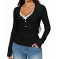 thumbnail image 3 of Women Lace Henley T Shirts Button Down Slim Fit Tops Long Sleeve V-Neck Tunic Top Blouse Black L, 3 of 8