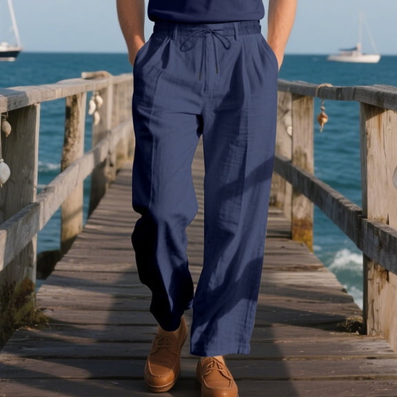 CQONEPT Men's Linen Cotton Pants Casual Baggy Drawstring Pant Straight Leg Lightweight Streetwear Trousers with Pockets Navy 2XL