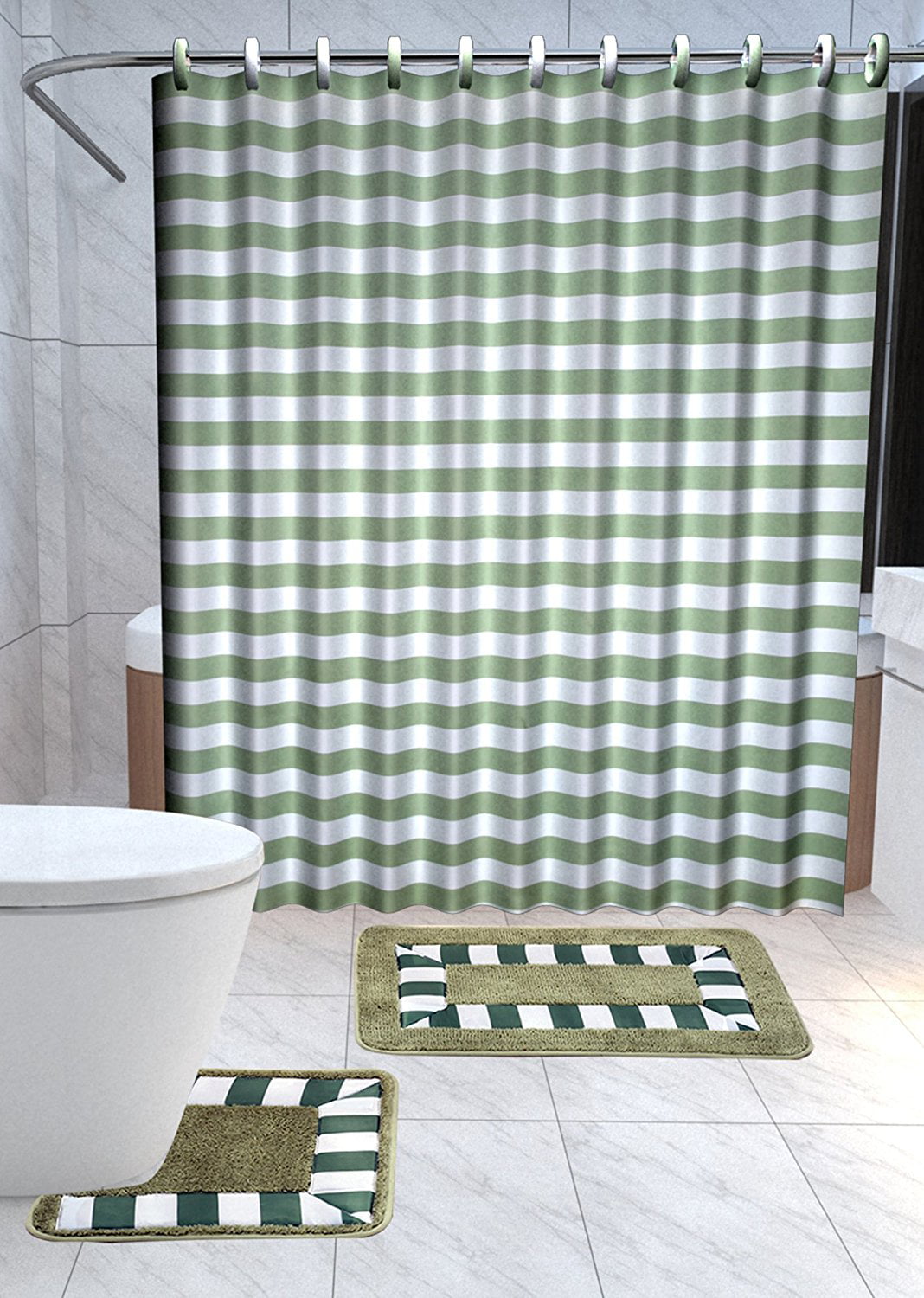 Olive Green & White 15pc Striped Bathroom Accessories Set