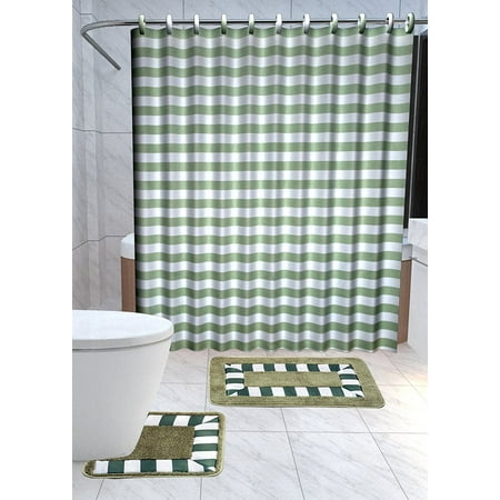 Olive Green White 15pc Striped Bathroom Accessories Set Rugs