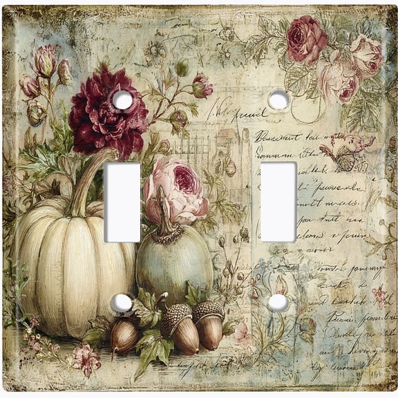 Metal Light Switch Wall Plate Outlet Cover (Printed Image of Vintage Pumpkin and Floral Art - Double Toggle)