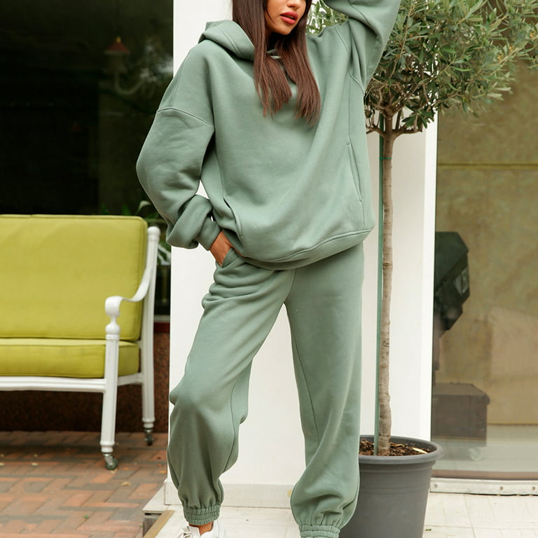 Women Hoodie Set Simple Solid Colors for Autumn Suits S Green