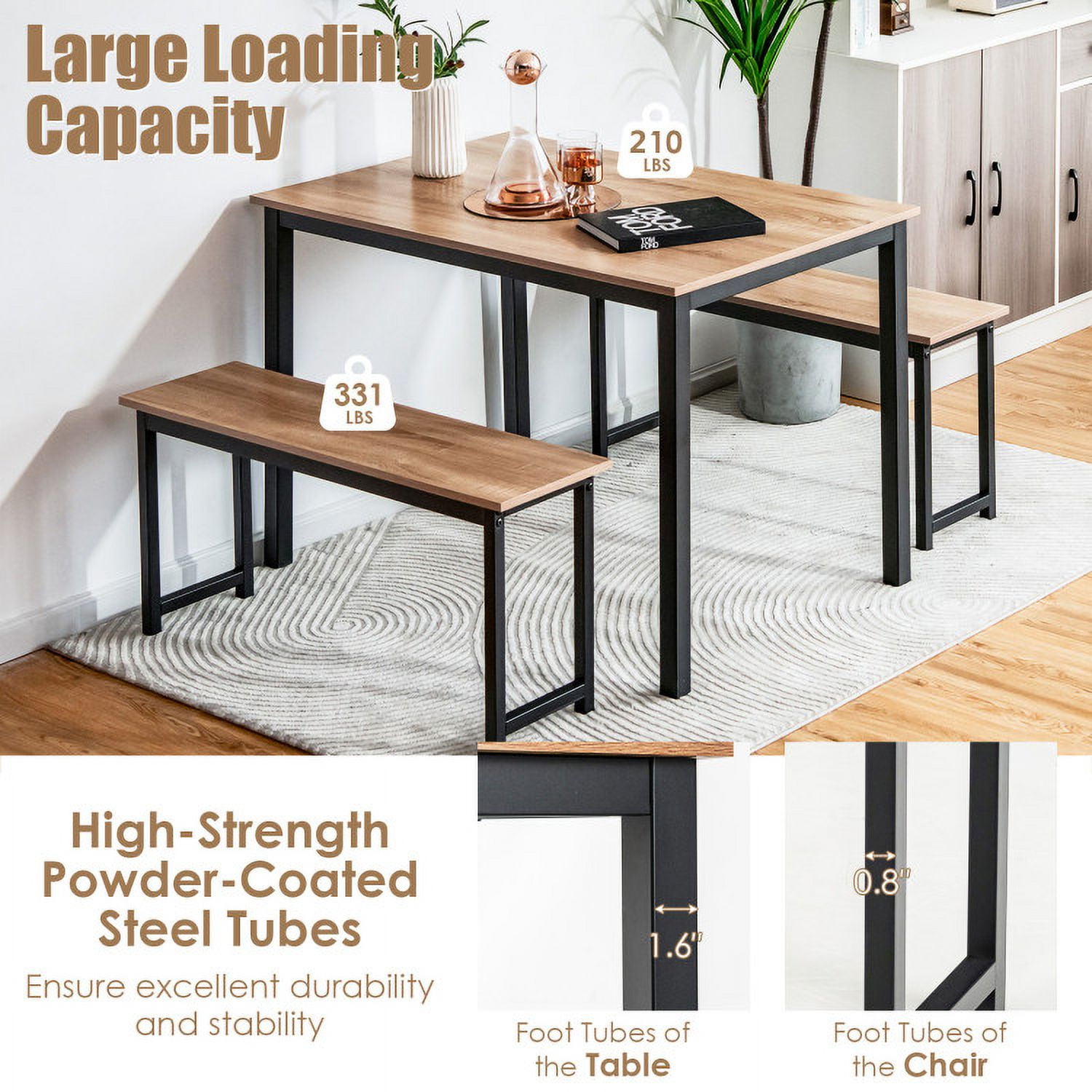 Finihen Dining Set, Dining Table Set, 3 Pieces Dining Table Set with 2 Benches for Dining Room Kitchen Bar, Natural Finihen Dining Set, Dining Table Set, 3 Pieces Dining Table Set with 2 Benches for Dining Room Kitchen Bar, Natural