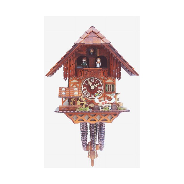 Cuckoo Clock Black Forest house with moving beer drinker and mill wheel