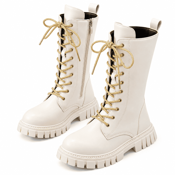 Xaqiouau Girls Knee High Lace Up Boots Fashion Tall Boots for Girls Side Zipper Round Toe Casual Winter School Boots Comfortable Everyday Footwear