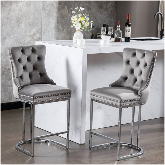 Set of 2 Gray Velvet Bar Stools with High Back, Chrome Metal Legs for Kitchen Island, Counter Height Farmhouse Seating