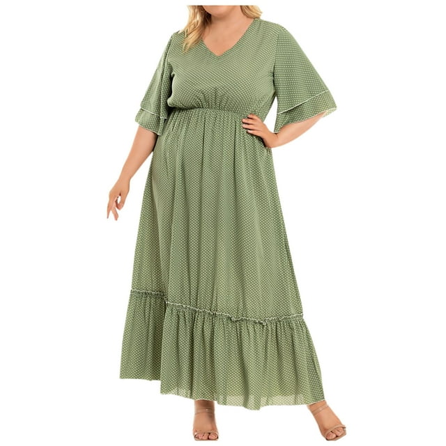 EQWLJWE Robes d'Été pour Femmes 2023 Grande Taille Femmes Décontracté Ample Col en V Pois Imprimé Manches Courtes Robe Taille