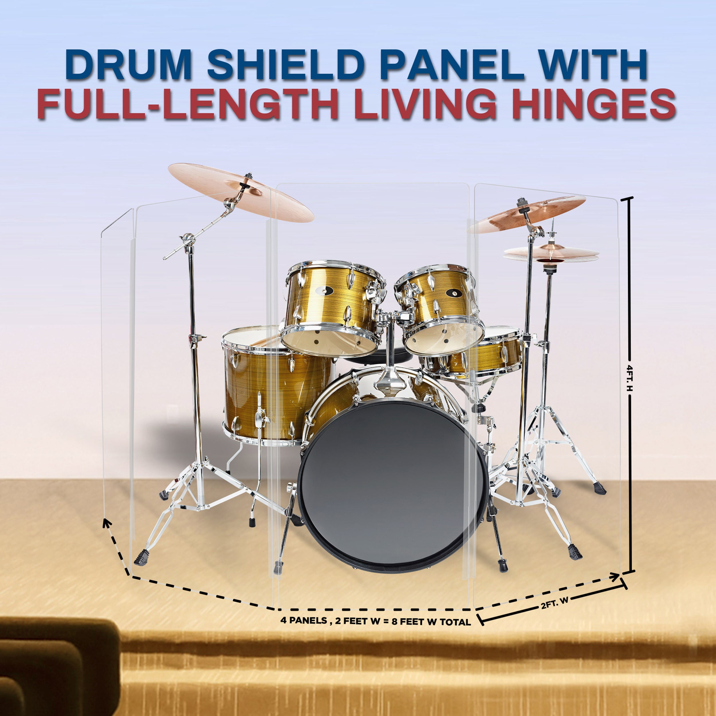 PENNZONI Drum Shield w/ Living Hinges & Deflectors, Comes with 5 Panels, 4 ft Clear Acrylic Panels