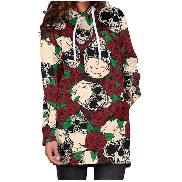 Suéter con estampado de calavera de Halloween para mujer, suéter medio largo holgado y a la moda, de manga larga, estilo femenino