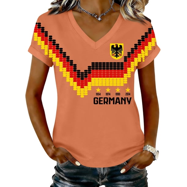 Women's Germany Football Graphic T-Shirt, V-Neck Casual Letter Print T-Shirt, Fashion Short Sleeve Graphic Tee, Summer Daily Lightweight Tops for Soccer Tournament 2026 Saffron Size: 2XL