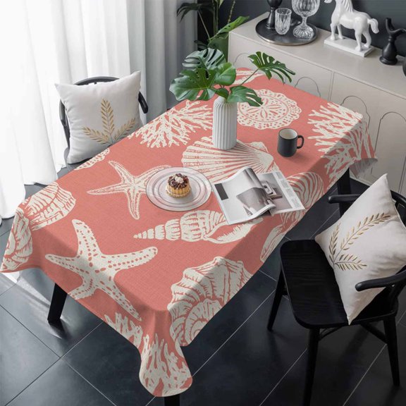 Coral Pink Starfish Coastal Table Cloth Waterproof Tablecloths, Shell Summer Beach Nautical Tablecloth Dining Table Cover for Kitchen Party Tabletop Outdoor, Rectangle Tablecloth 54x108 Inch