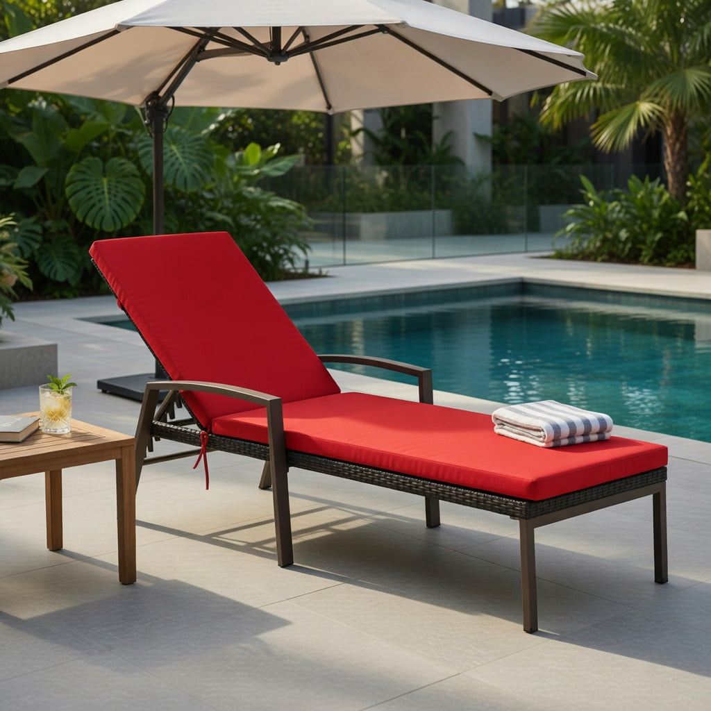Hommoo Outdoor Rattan Chaise Lounge Chair with 5-Position Adjustable Backrest, Cushioned Patio Recliner, Weather-Resistant Steel Frame, Red