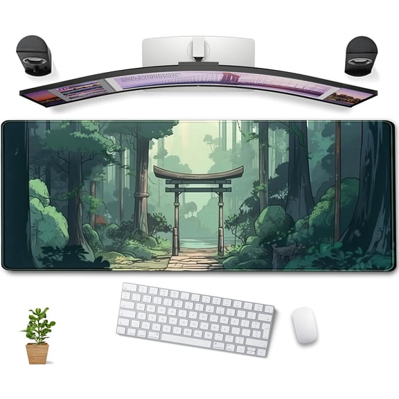 Japanese Green Forest Gaming Mouse Pad Anime Tree Woodland Desk Mat XL Large, Cute Aesthetics Women Office Desk Decor Laptop Computer Keyboard and Mouse Mat with Stitched Edges Matt 31.5''x11.8''