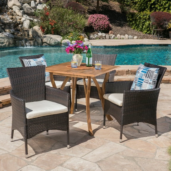 Outdoor 5 Piece Acacia Wood/ Wicker Dining Set with Cushions, Beige, Multibrown,Teak