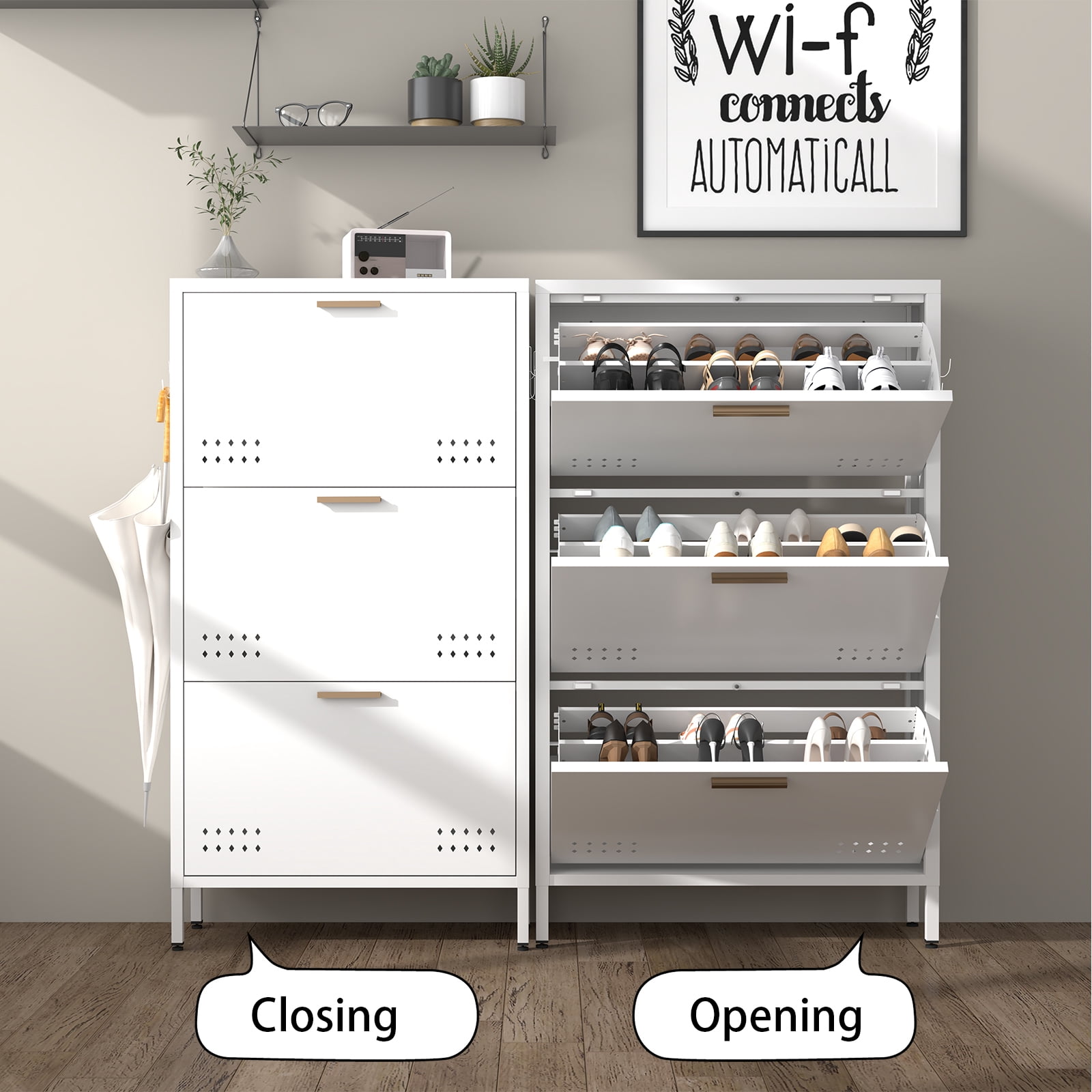 Classic White High-Leg Tilt Out Shoe Cabinet Modern Minimalist Large Capacity Rack With Side Hooks Heavy Duty Carbon Steel Anti Tip Entryway Cabinet Multi Layer Floor-Standing Metal Storage Organ