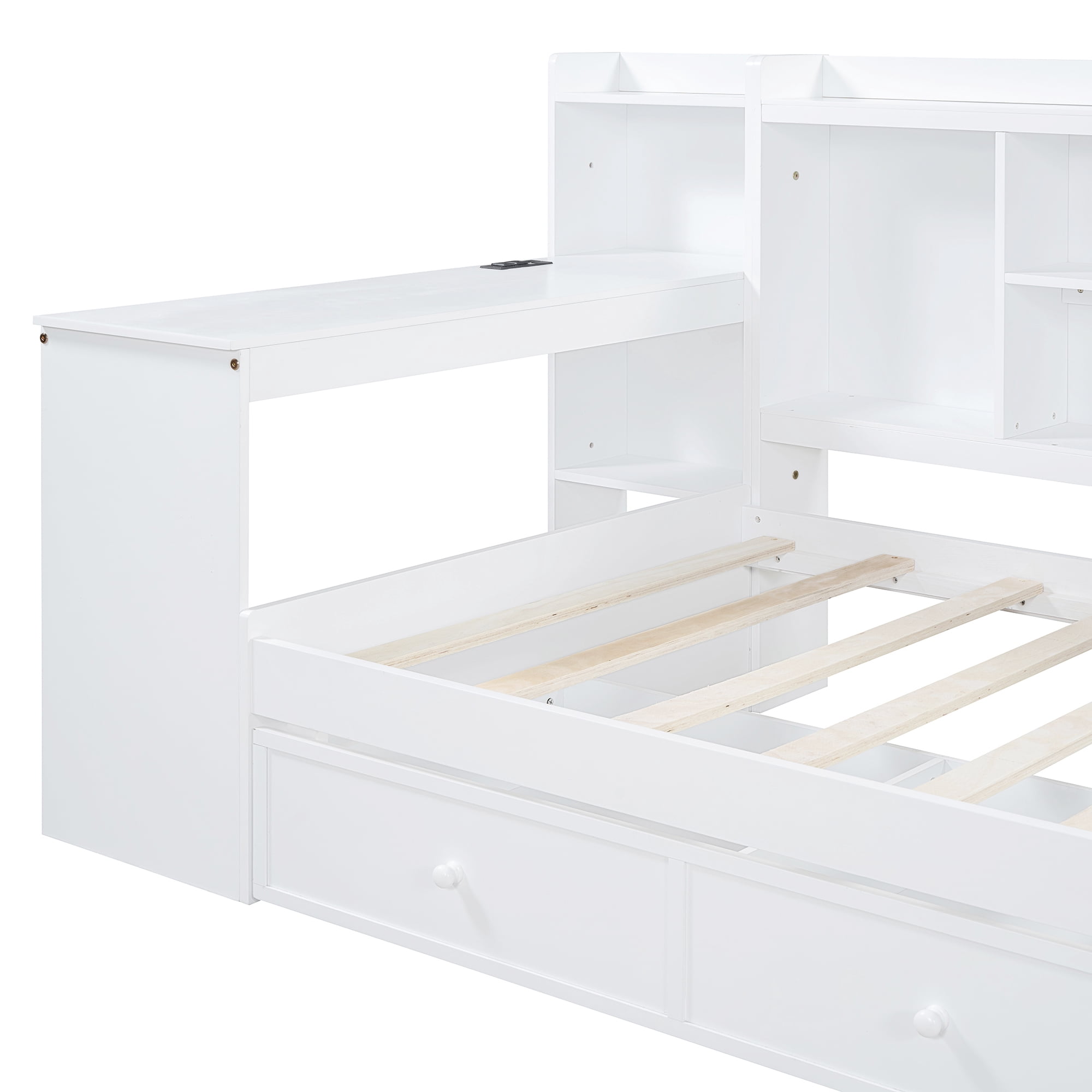 Mintazer Twin Platform Bed with Desk & Charging Ports, Wooden Bed Frame with Storage Shelves & 3 Drawers for Bedroom Playroom Guest Room, White