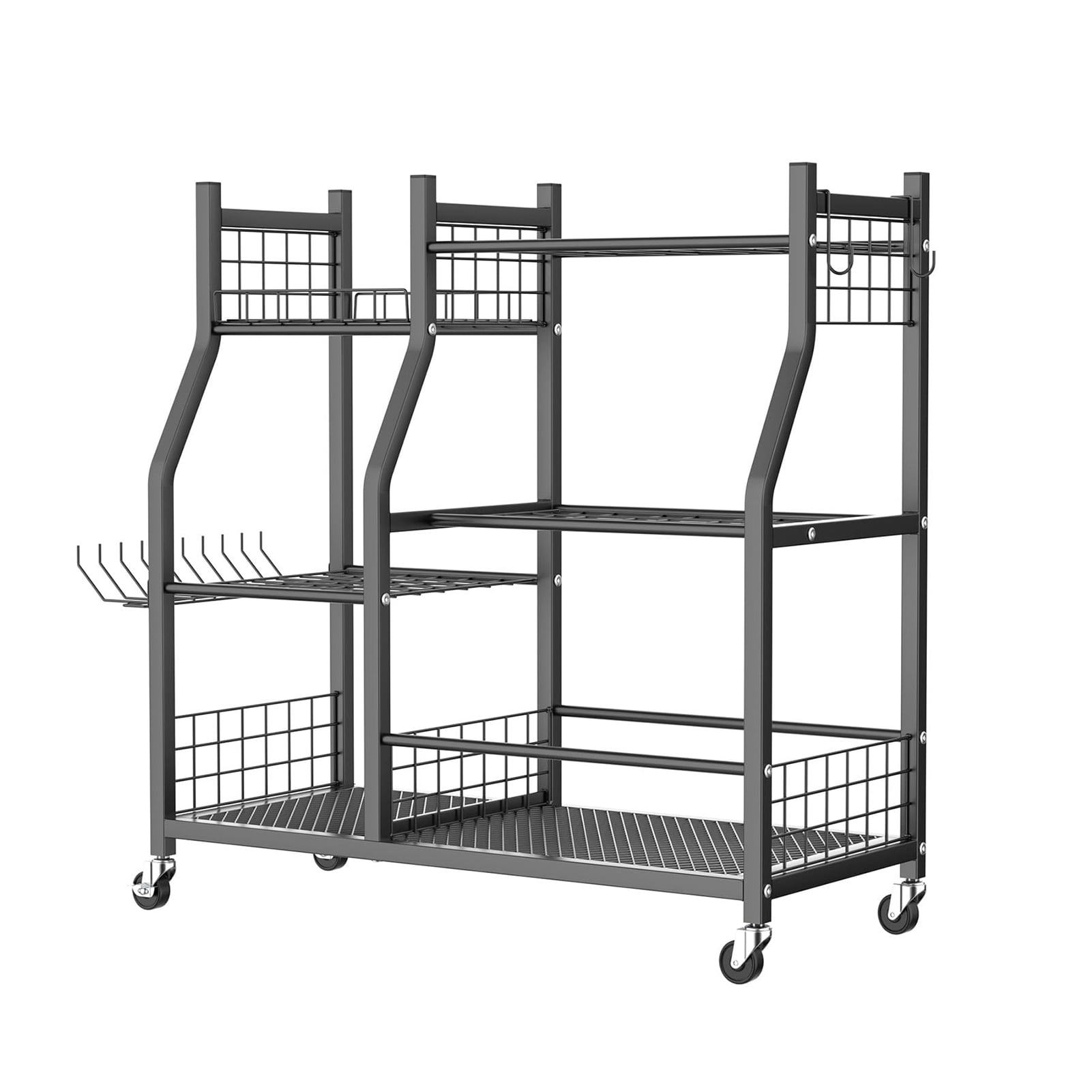 Dbuoem Garden Tool Organizer with Lockable Wheels,Yard Tools Rack for Garage,Shed,Garden,Utility Stand Rack for Rakes Brooms Shovels,Long-Handled Tools