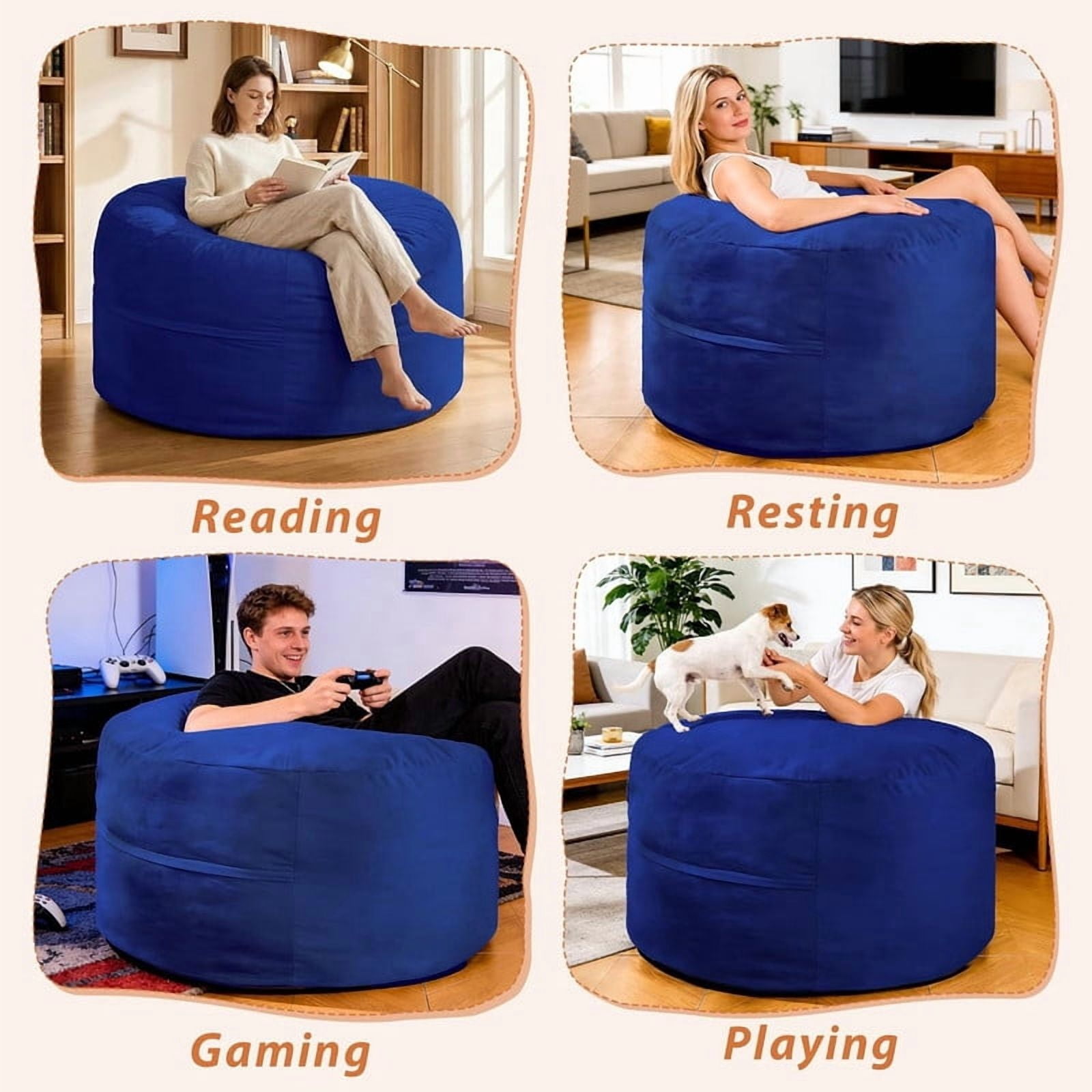 MOOSENG 4FT Bean Bag Chair, Comfy Bean Bag for Adults & Kids, Fluffy Large Bean Bag Sofa with Removable Cover & Side Pocket for Living Room, Gaming, Playroom