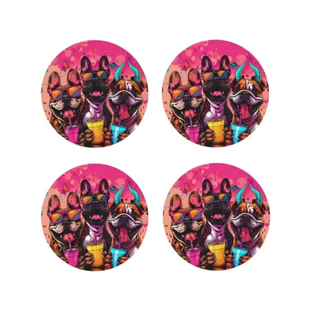 

Coasters Set of 4 - French Bulldog Cool No.104 Drink Coasters for Tabletop Protection Leather Coasters for Living Room Decor and Housewarming Gift Round Shape