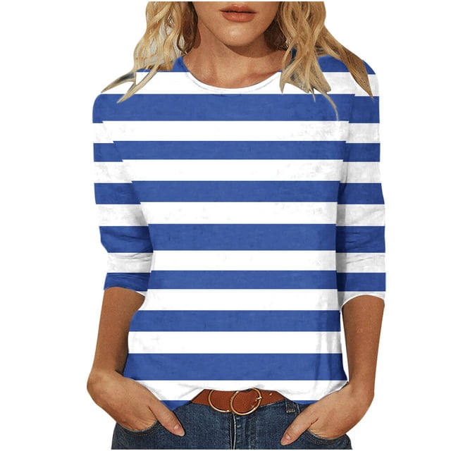 Liquidation Staron Hauts pour Femmes Manches 3/4 Col Rond Blouse Tunique à Rayures Hauts Décontractés d'Été Chandail Mignon Tendance T-Shirt T-Shirts Basiques Blouse Cadeaux pour Femmes Âgées Bleu TTG