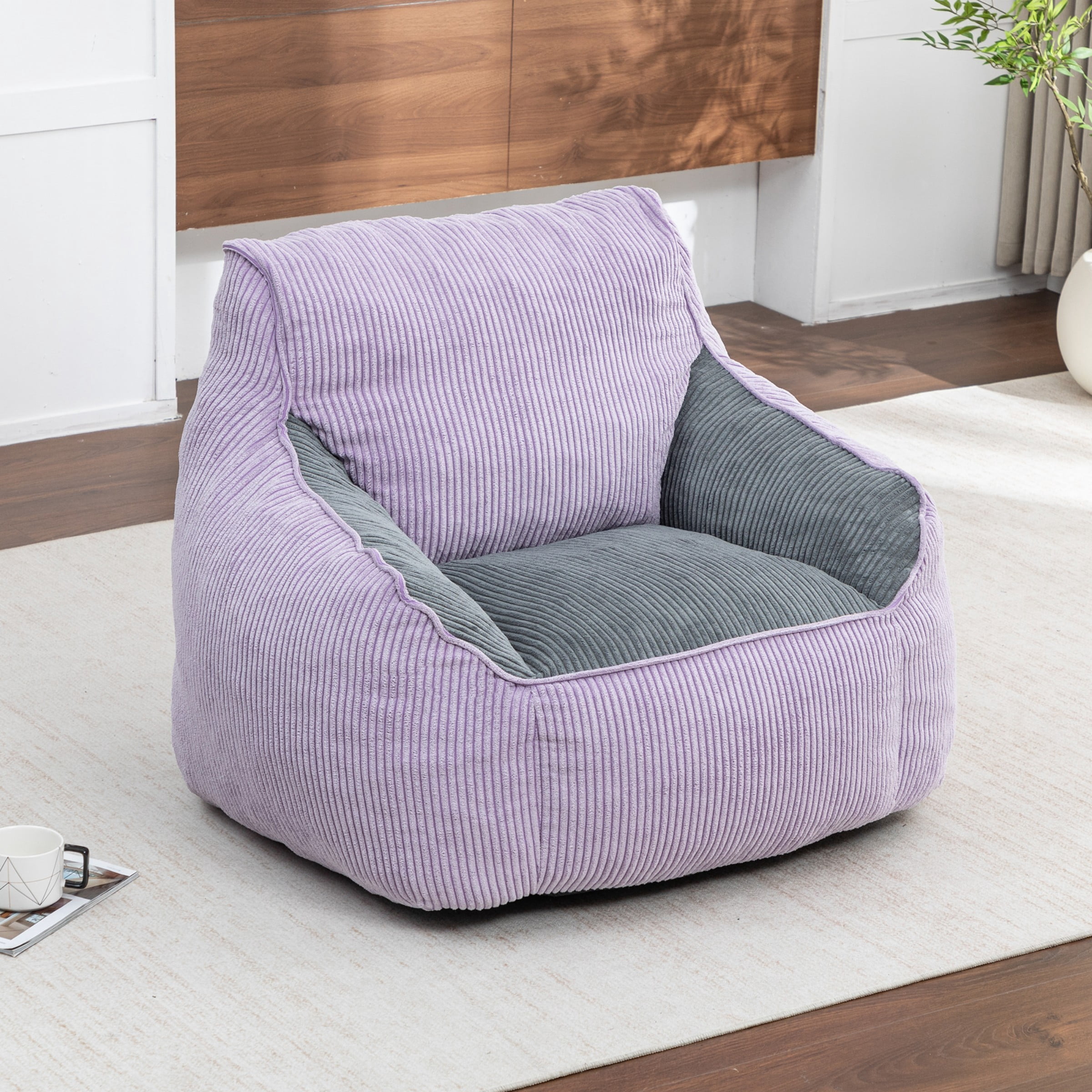 Giant Bean Bag Chair Sofa for Adults, Corduroy Bean Bag Couch with Armrests and Filler Included, Lazy Floor Chair for Living Room Bedroom, Purple