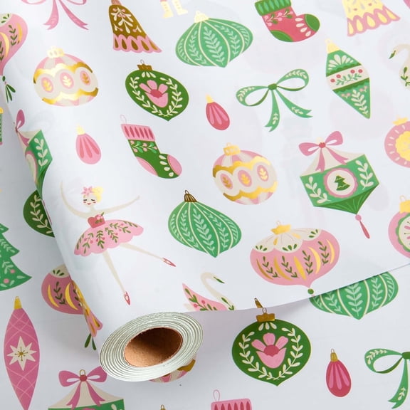 HOMERAL Christmas Wrapping Paper Roll - White Gift Wrap with Christmas Tree, Nutcracker, Dancing Girl, Bell - Perfect for Christmas - 17 Inch X 33 Feet