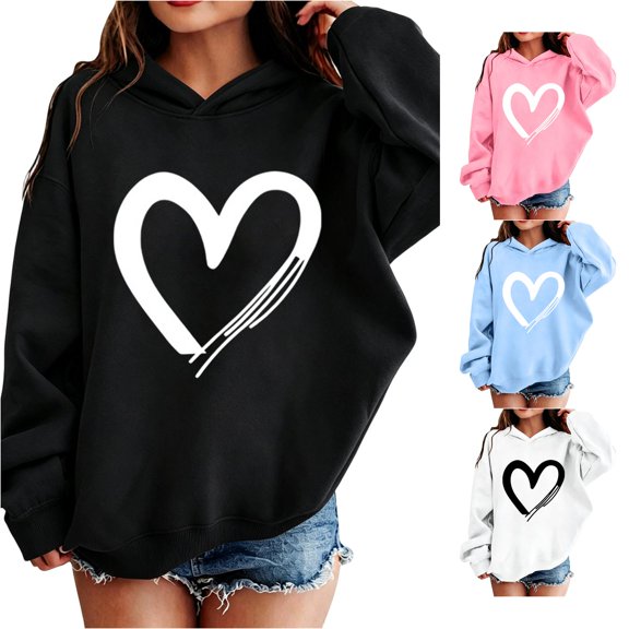 GobdXE Solid Cotton Blend Girls Pullover Hoodie Long Sleeve Hand Drawn Heart Graphic Casual Oversized Children Sweatshirt,7-8 Years(Black)