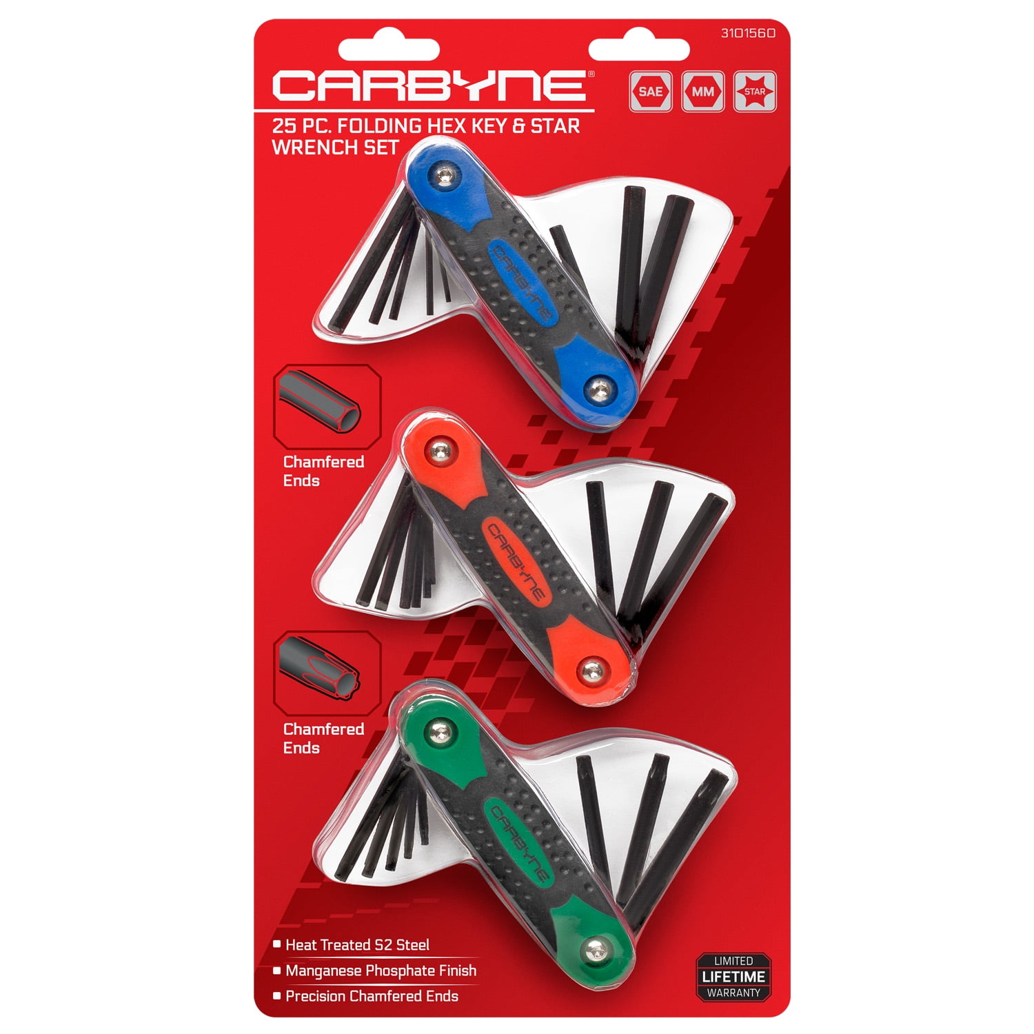 Carbyne 25-Piece Folding Hex (Allen) Key and Star (Torx) Wrench Set, SAE/Metric/Torx, S2 Steel, Manganese Phosphate, Lifetime Warranty