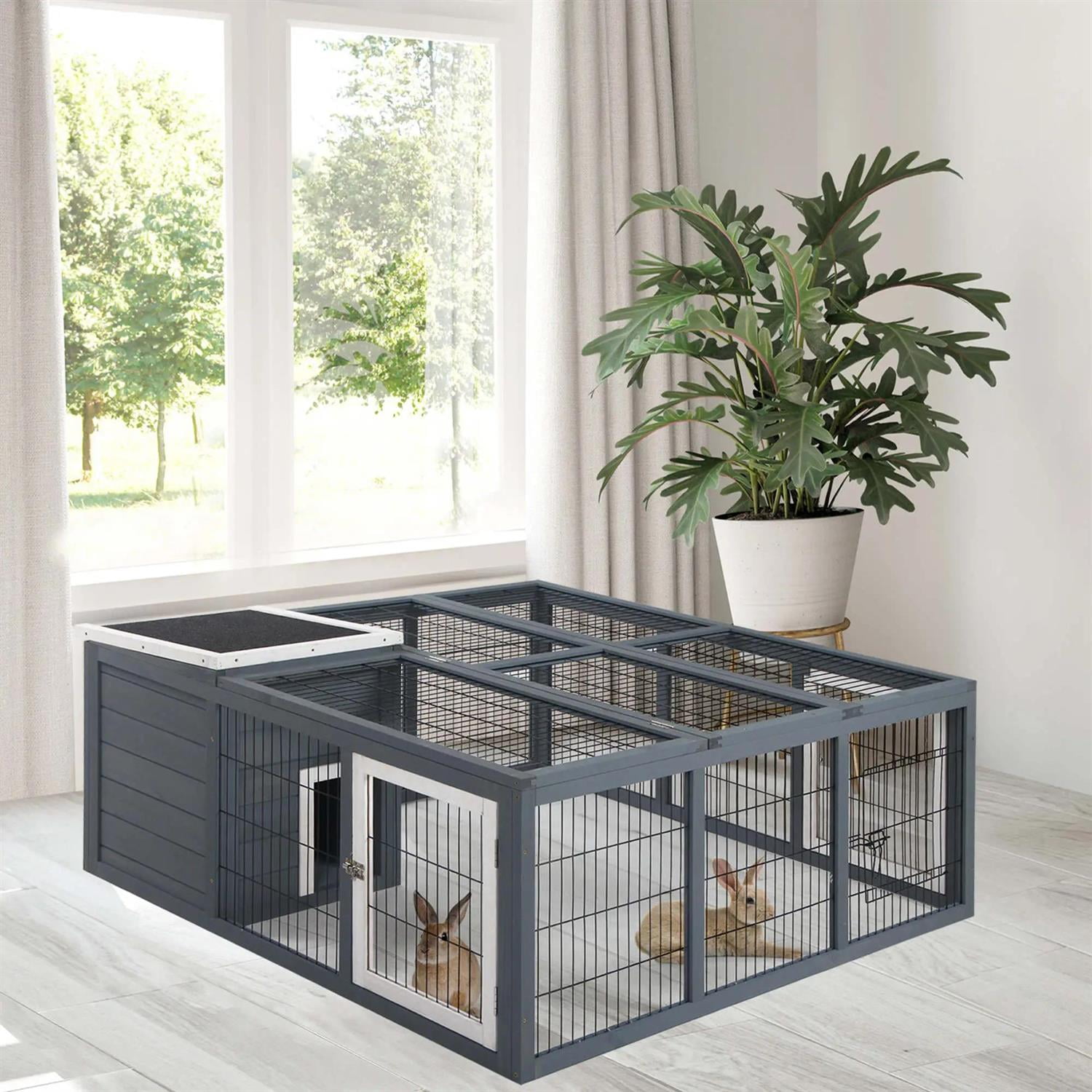 Pefilos 48" Wooden Rabbit Hutch Indoor, Outdoor Bunny Enclosure Guinea Pig Cage for Small Animals, Gray