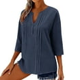 thumbnail image 5 of QIUOMBBP Button Tops for Women 3/4 Sleeve V Neck Pleated Solid Linen T Shirts Loose Casual Summer Loungewear Blouse Navy L, 5 of 7