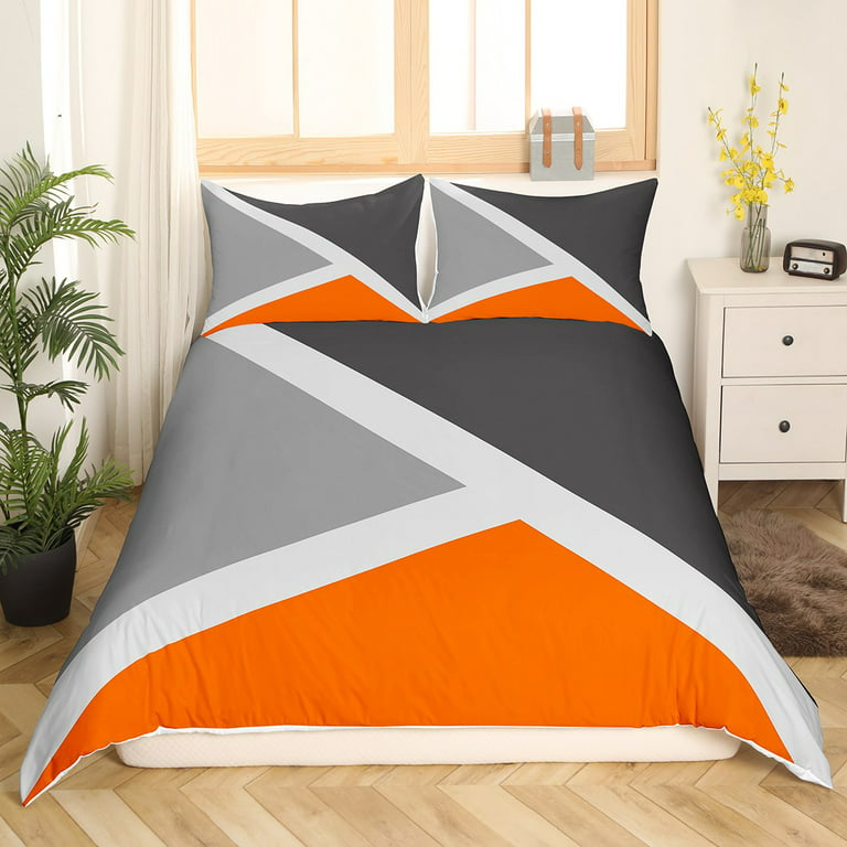 Geometric Triangle Comforter Cover,Orange Dark Grey Light Grey