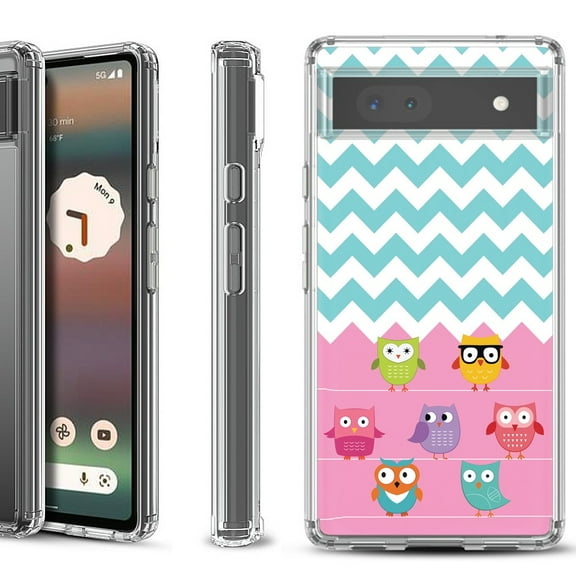 Shockproof Bumper Phone Case for Google Pixel 6a, by OneToughShield ® - Chevron/Teal/Owl